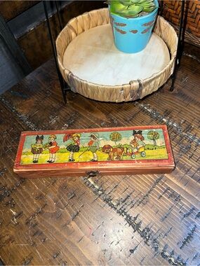 Vintage Made in Germany Illustrated Wooden Pencil Box with Children Motif